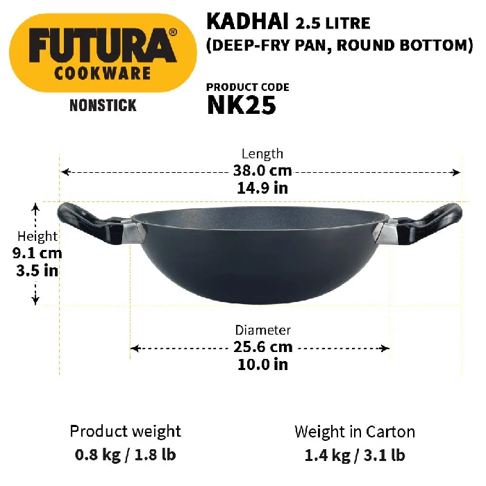 Hawkins Futura Deep Fry Pan, Non Stick Kadai, Round Bottom Kadhai, Black (NK25), 2.5l-3.webp